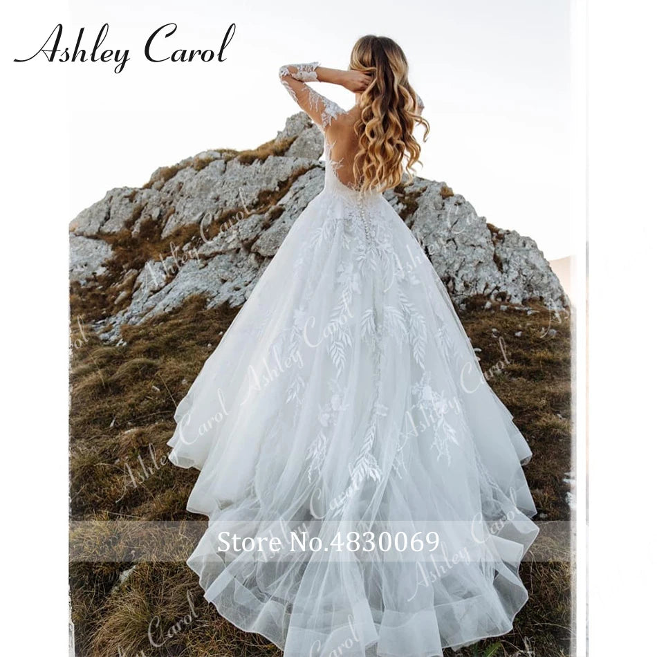 Ashley Carol Sexy Wedding Dress Appliques Tulle Backless Long Sleeve/ESTIMATED DELIVERY TIME 35 DAYS