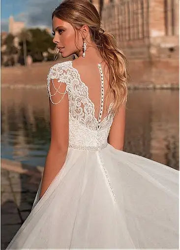 Graceful V-neck A-line Wedding Dress Short Sleeve Illusion Back/ESTIMATED DELIVERY TIME 45 DAYS