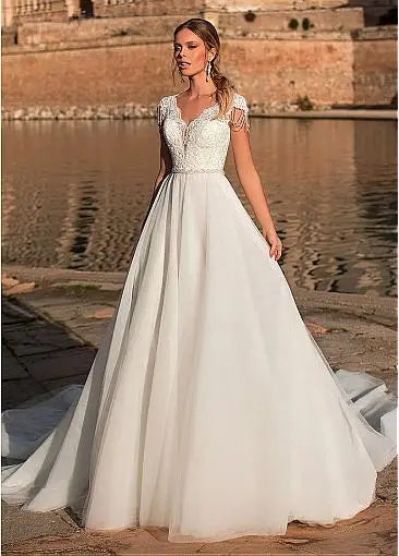 Graceful V-neck A-line Wedding Dress Short Sleeve Illusion Back/ESTIMATED DELIVERY TIME 45 DAYS