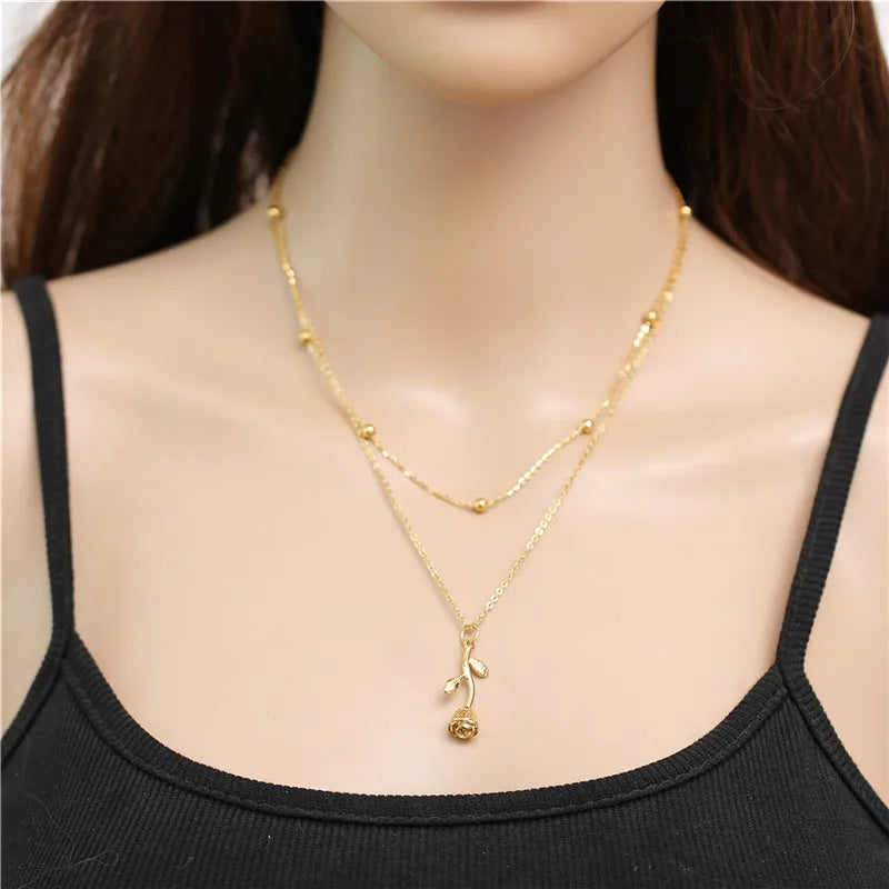 Fashion Rose Flower Pendant Necklace Stainless Steel double layer Gold Silver Color