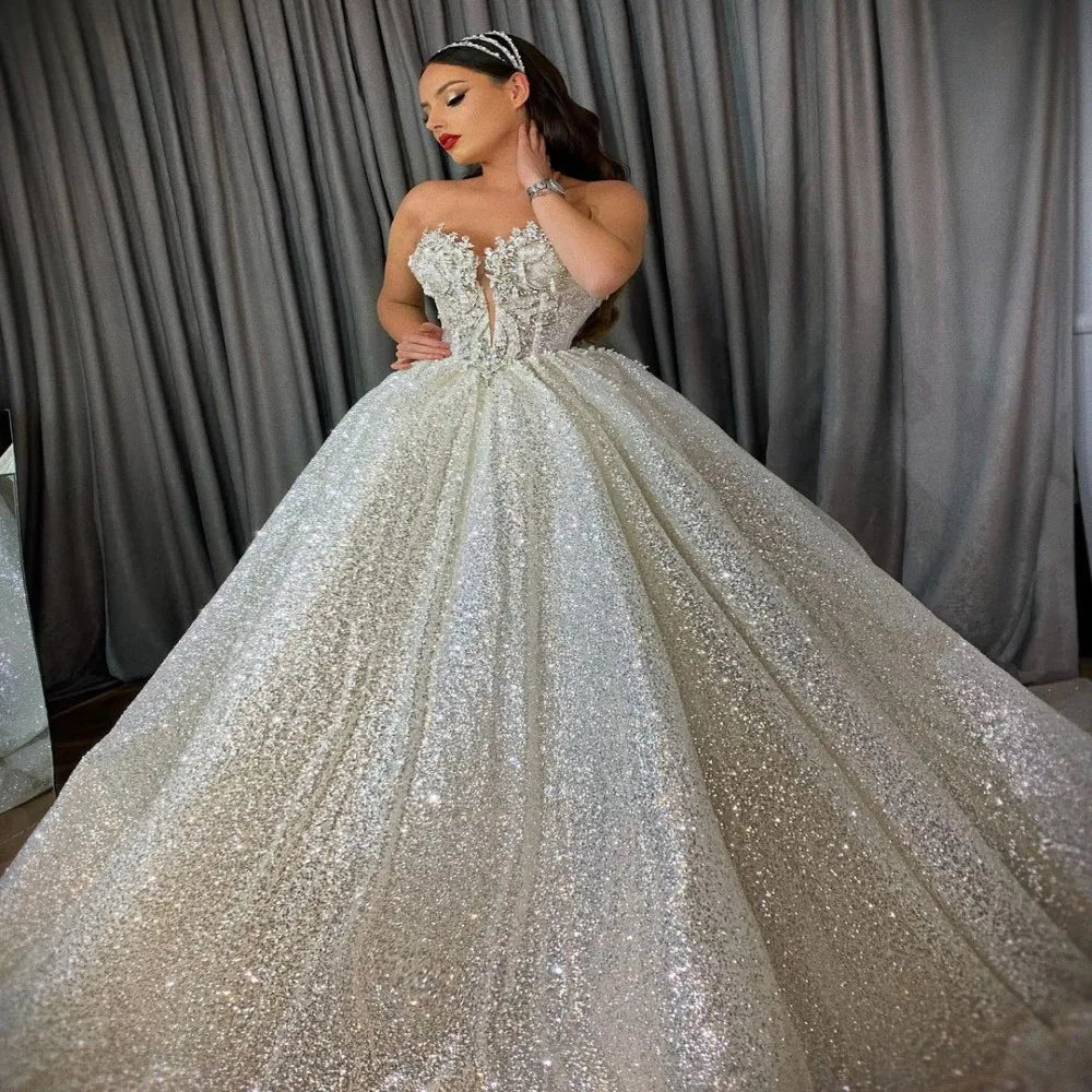 Strapless Sparkling Sequins Wedding Dress Shiny Beads Sleeveless Floor Length/ESTIMATED DELIVERY TIME 28 DAYS