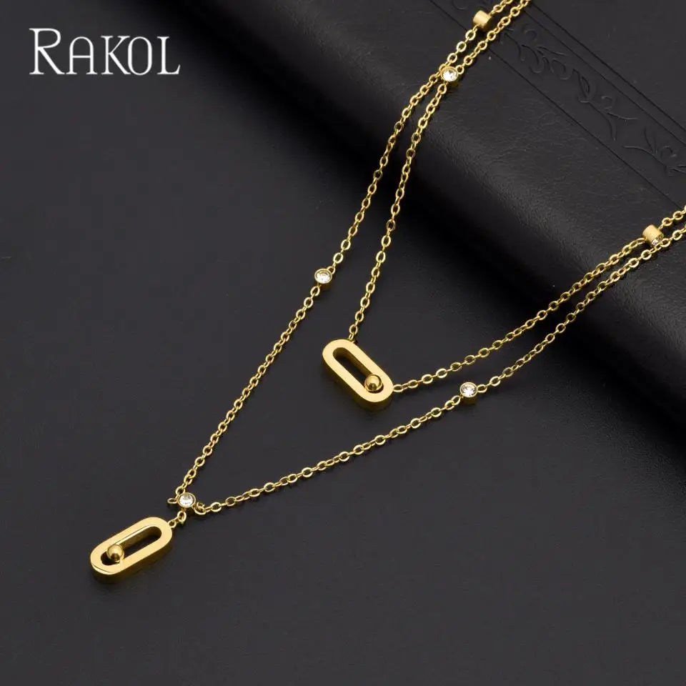 RAKOL Gold Color Double Layer Design Titanium Steel Necklaces