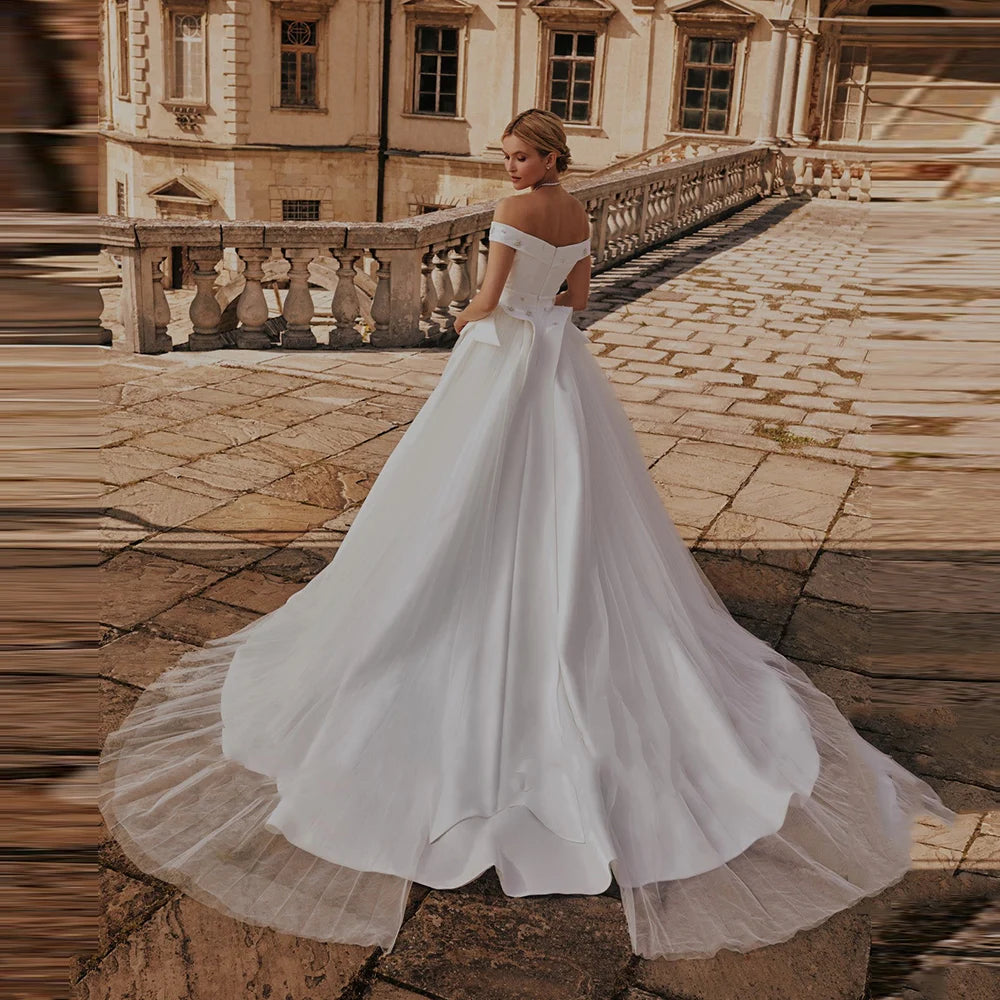 Simple Matte Satin Wedding Dress Off Shoulder/ESTIMATED DELIVERY TIME 28 DAYS