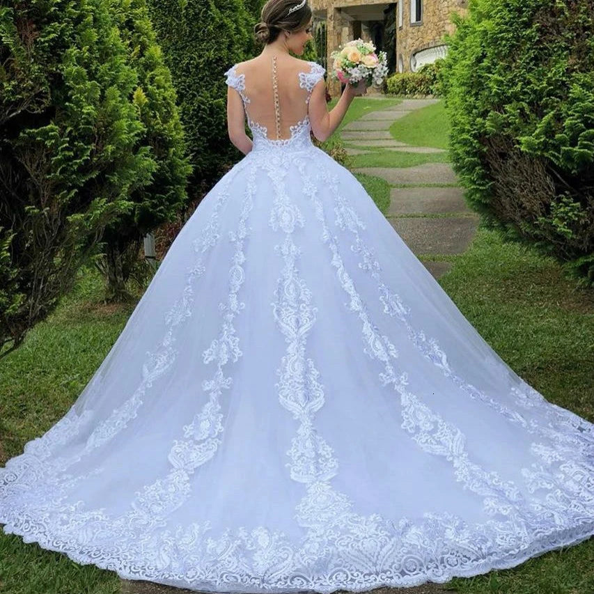 Illusion Round Neck Princess Appliques Luxury Wedding Dress/ESTIMATED DELIVERY TIME 28 DAYS