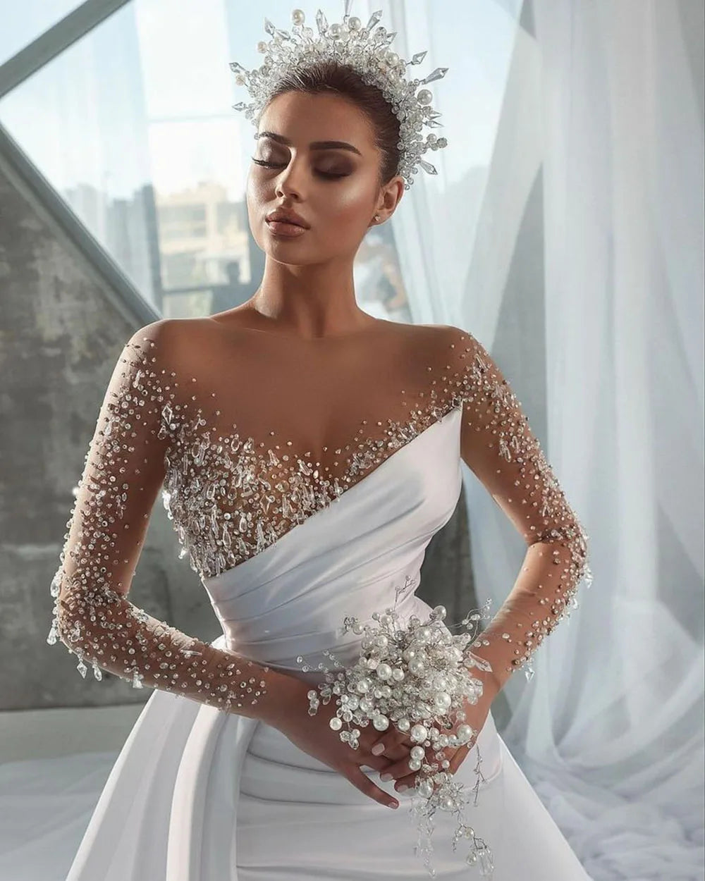 Sexy Illusion Neck Mermaid Wedding Dress Long Sleeves Shiny Beading/ESTIMATED DELIVERY TIME 40 DAYS