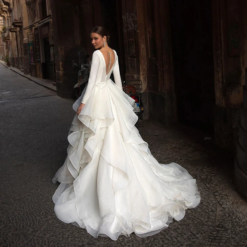 Classic V-Neck Wedding Dress long sleeve Back Ruffles Court Train/ESTIMATED DELIVERY TIME 28 DAYS