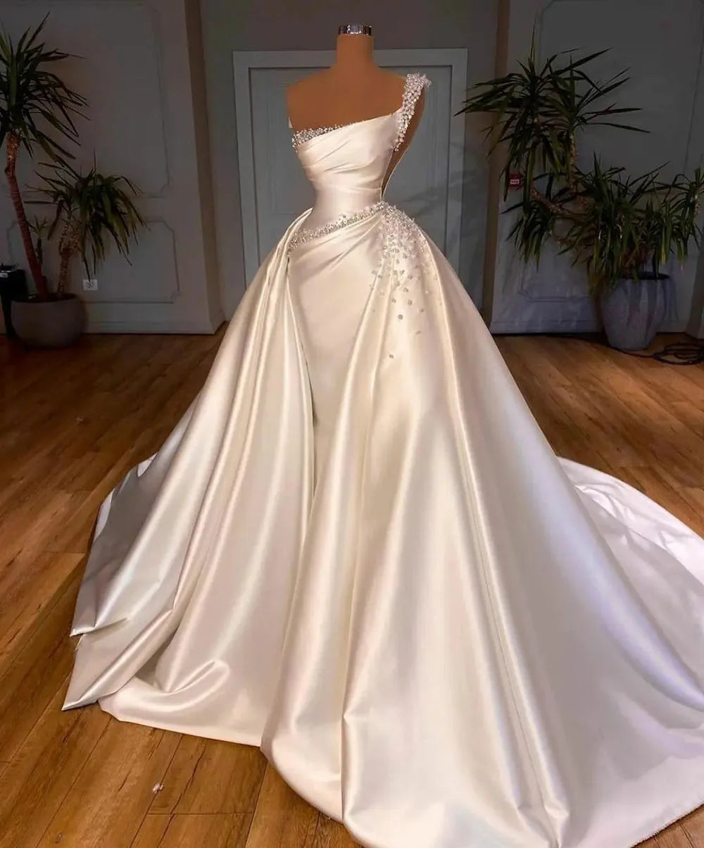 Satin Wedding Dresses Elegant Vintage One Shoulder/ ESTIMATED DELIVERY TIME 30 DAYS