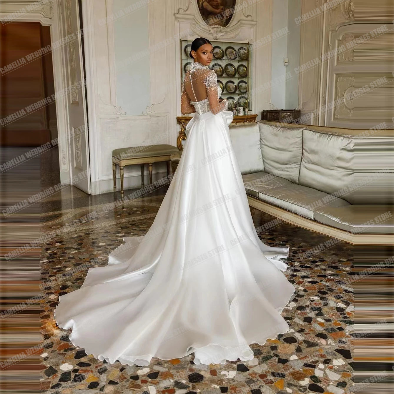 Exquisite Pearls Wedding Dress A Line Sexy Backless High Neck/ESTIMATED DELIVERY TIME 40 DAYS