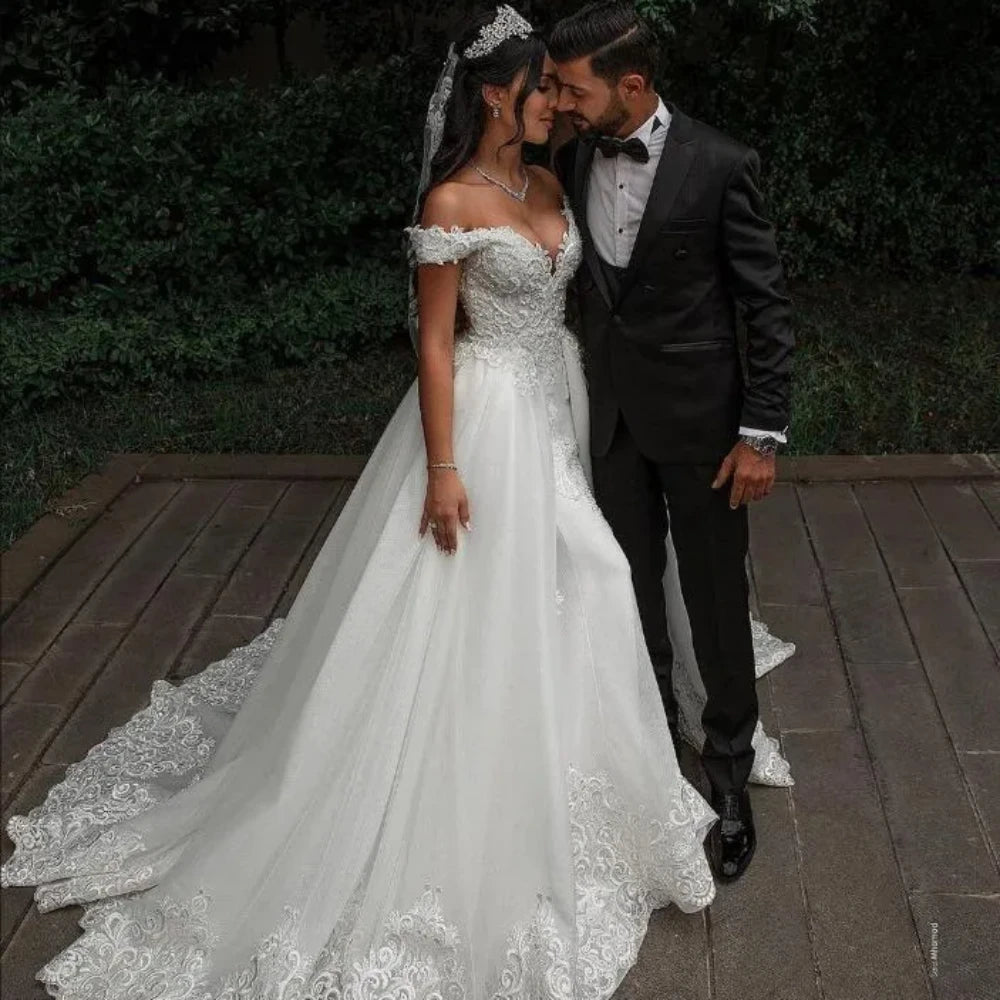 Elegant Beaded Lace Wedding Dress Mermaid Detachable Train Off Shoulder/ESTIMATED DELIVERY TIME 30 DAYS