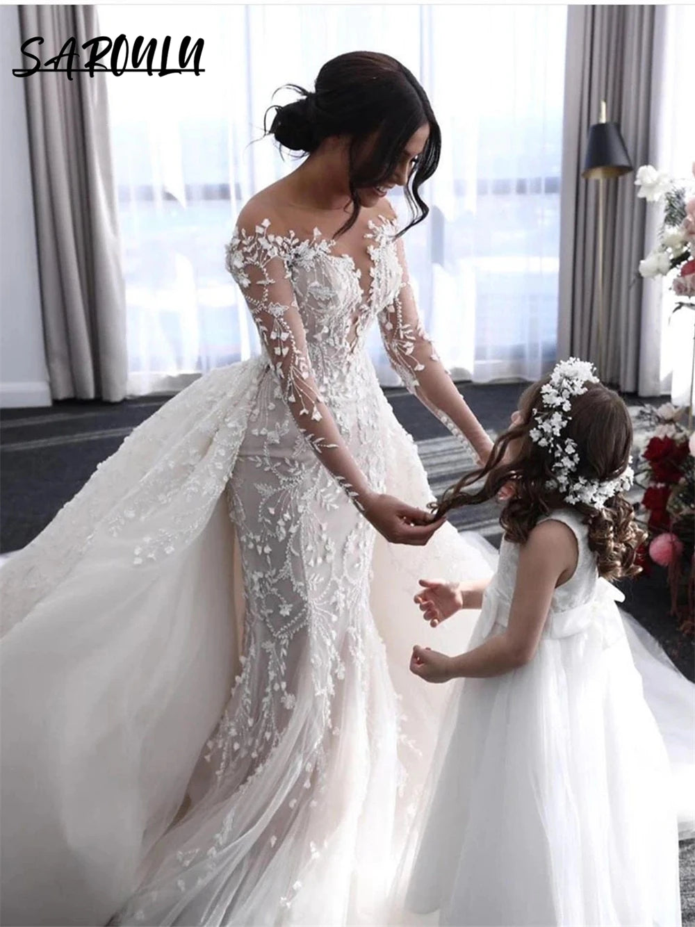 Illusion Long Sleeve Wedding Dress Mermaid Detachable Train/ESTIMATED DELIVERY TIME 30 DAYS