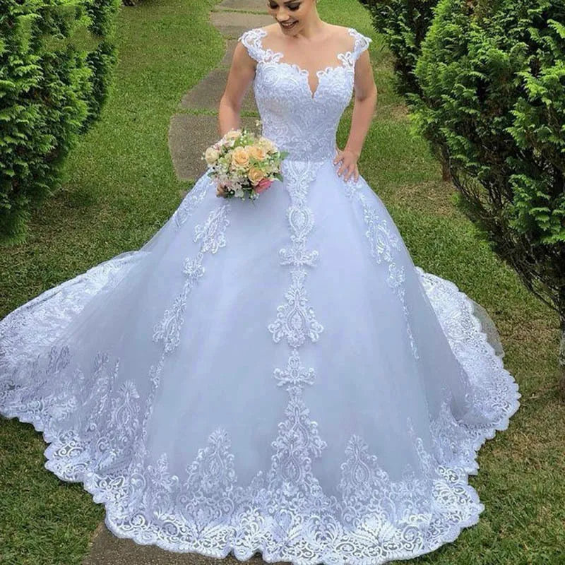 Illusion Round Neck Princess Appliques Luxury Wedding Dress/ESTIMATED DELIVERY TIME 28 DAYS