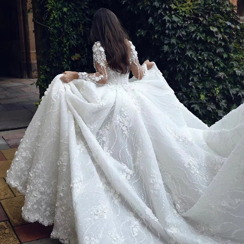 Organza Chiffon Princess O-neck Full Sleeve Bride Dress/ESTIMATED DELIVERY TIME 26 DAYS