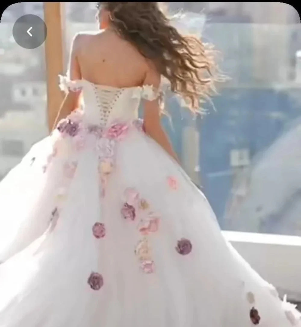 Off Shoulder Colorful 3D Flowers Cinderella Wedding Dress/ESTIMATED DELIVERY TIME 45 DAYS