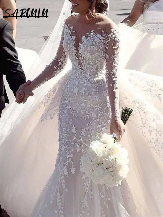 Illusion Long Sleeve Wedding Dress Mermaid Detachable Train/ESTIMATED DELIVERY TIME 30 DAYS