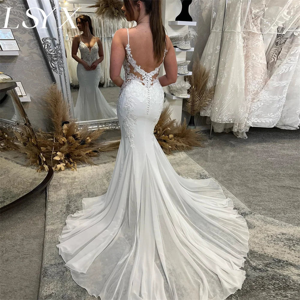 Deep V-Neck Sleeveless LSYX Chiffon Mermaid Wedding Dress/ESTIMATED DELIVERY TIME 28-30 DAYS