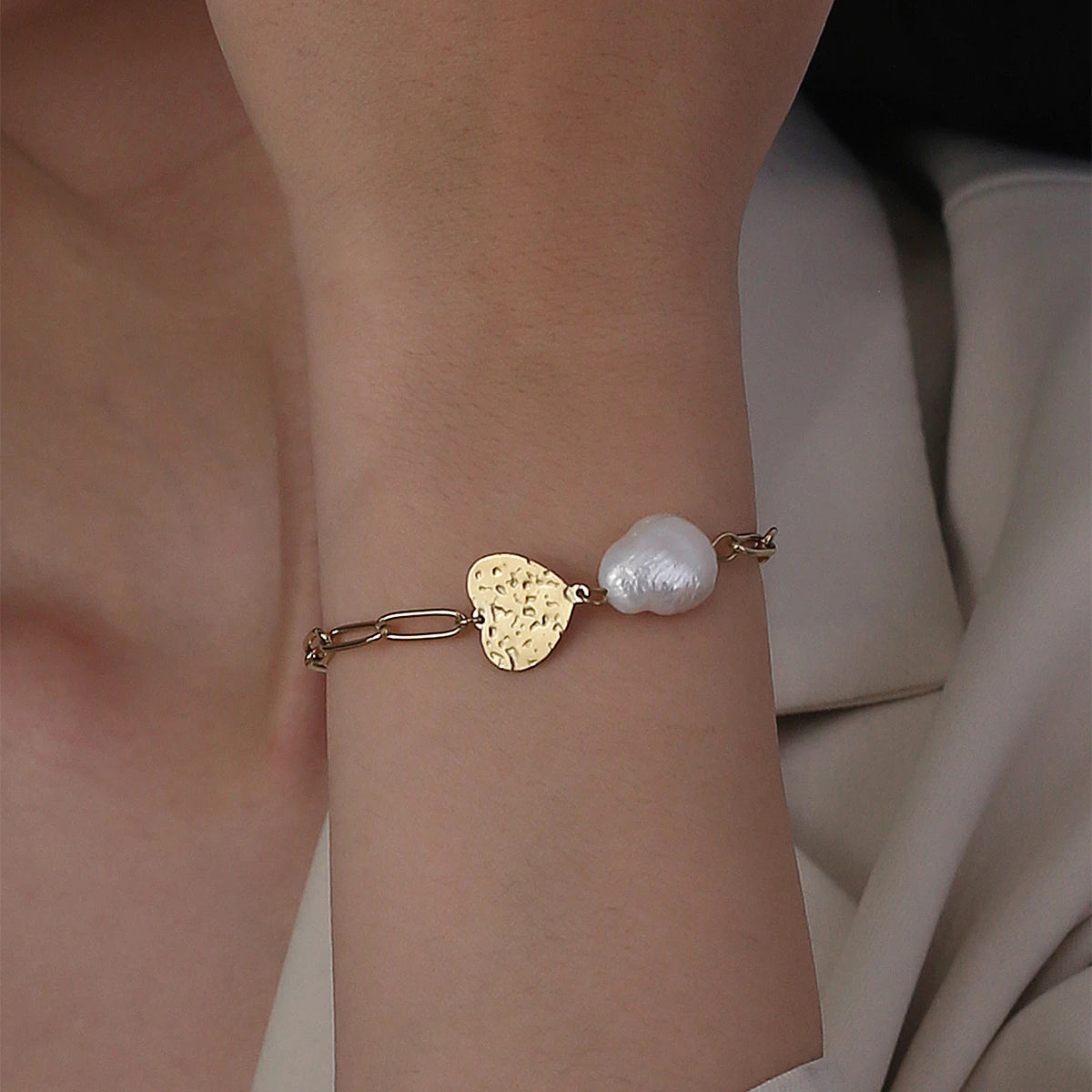 Stainless Steel Multilayer Pearl Heart Charm Bracelet Fashion Gold Color