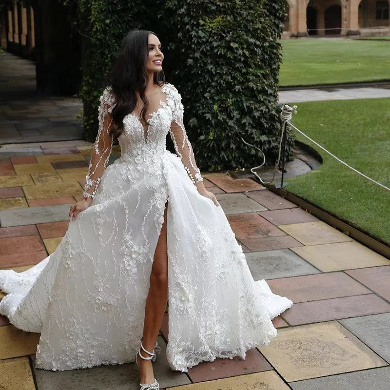 Organza Chiffon Princess O-neck Full Sleeve Bride Dress/ESTIMATED DELIVERY TIME 26 DAYS