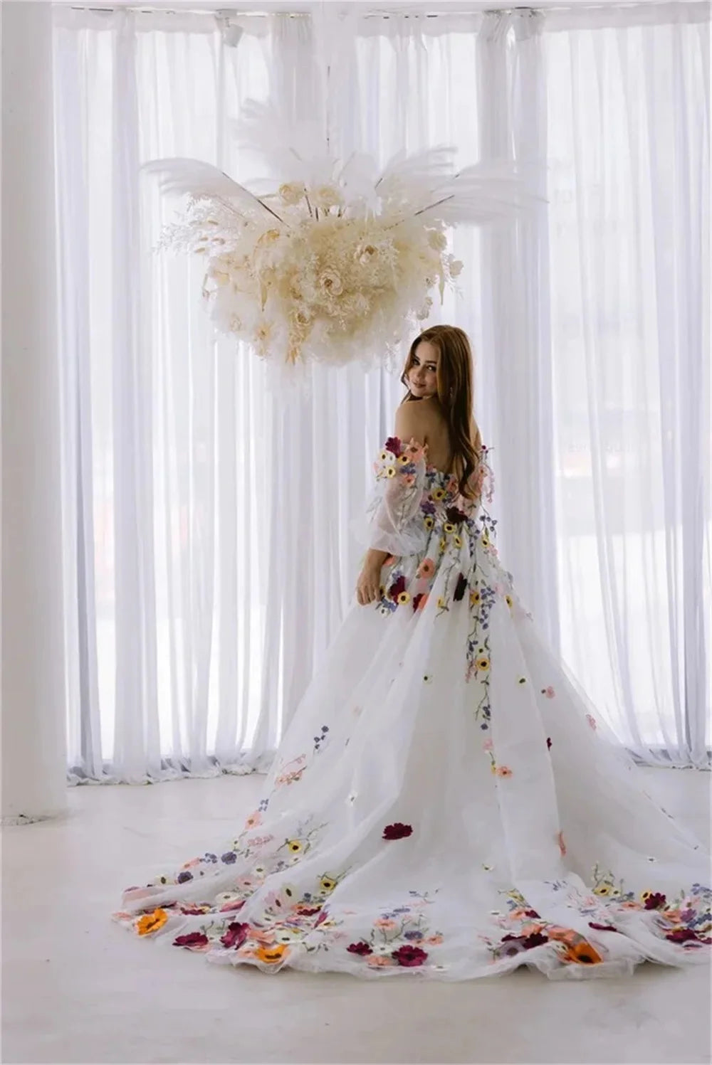 New 3D Flower Puff Sleeves Bridal Dress/ESTIMATED DELIVERY TIME 30 DAYS