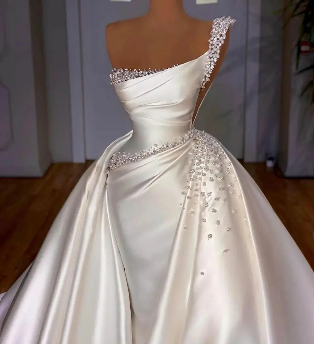 Satin Wedding Dresses Elegant Vintage One Shoulder/ ESTIMATED DELIVERY TIME 30 DAYS