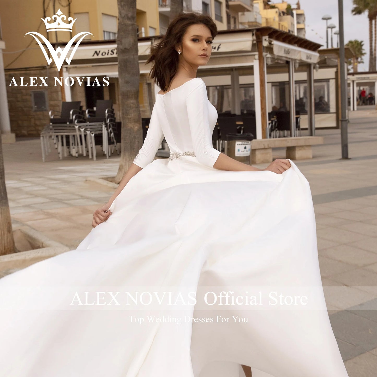 ALEX NOVIAS Half Sleeve Satin Wedding Dress Glamorous Scoop Belt/ESTIMATED DELIVERY TIME 40 DAYS