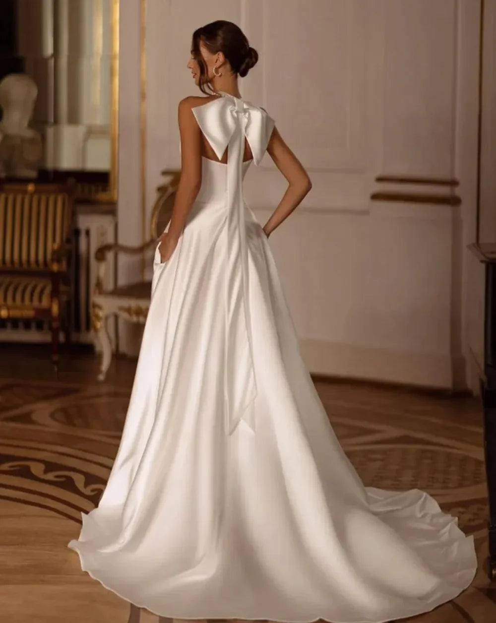 Modern A-line Wedding Dresses Halter Neck Bow Sexy Side Split Satin/ESTIMATED DELIVERY TIME 30 DAYS