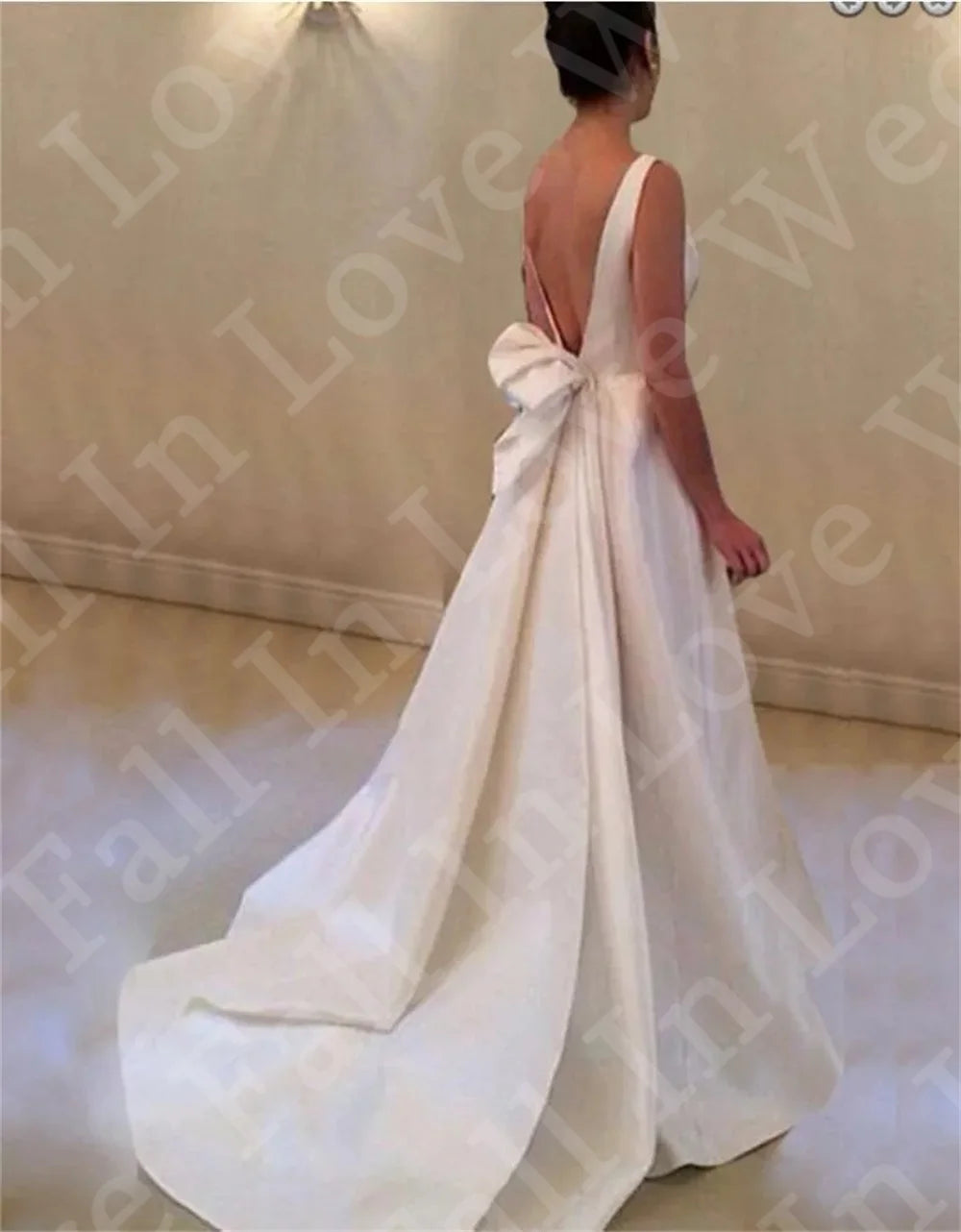 Pure Satin Wedding Dress Sexy Deep V-Neck Backless Court Train/ESTIMATED DELIVERY TIME 28 DAYS