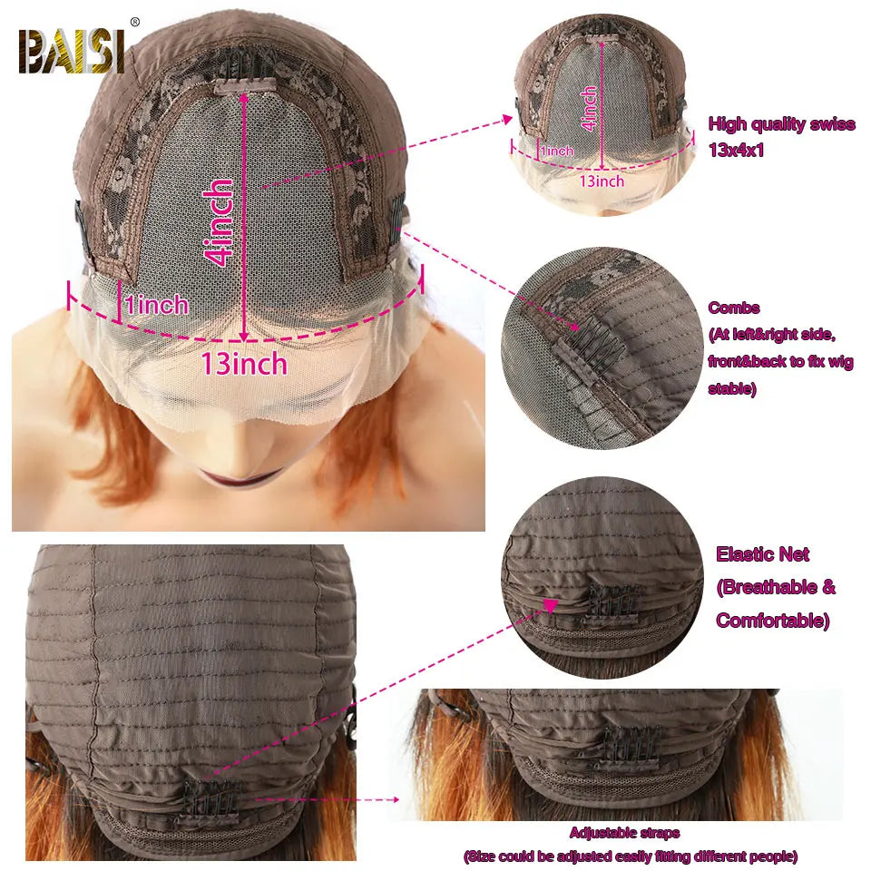 BAISI Short Bob Highlight Wig Human Hair Straight Ombre 13x4 Lace Front Brown 200 Density