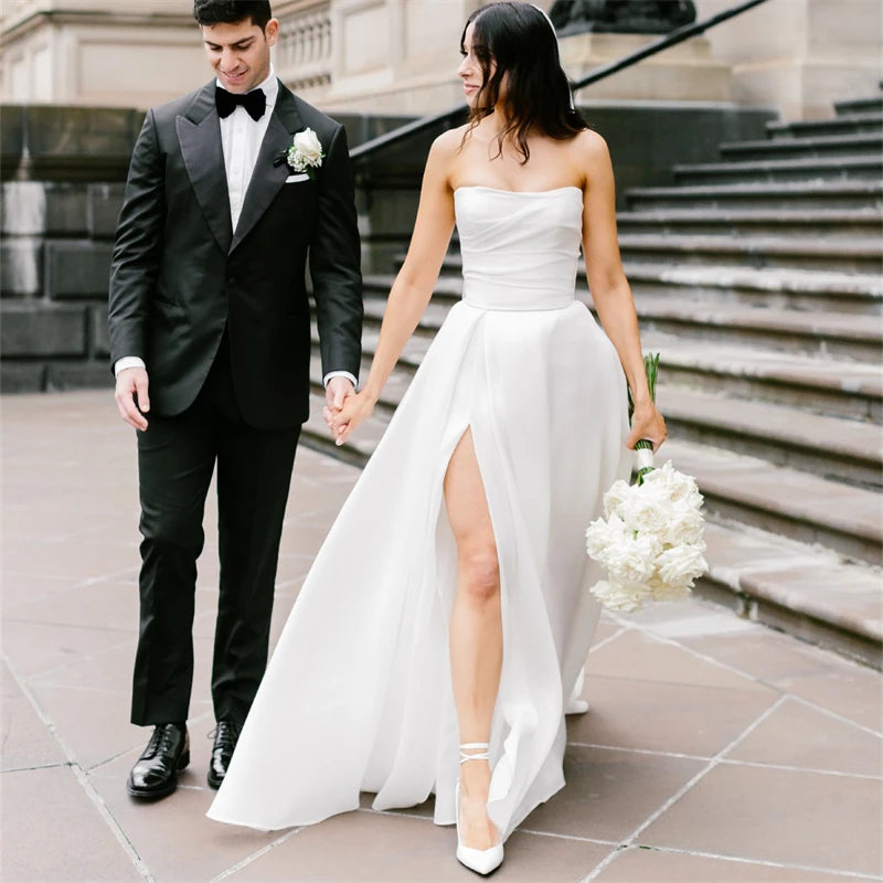 Elegant Detachable Sheer Top A-Line High Slit Wedding Dress/ESTIMATED DELIVERY TIME 45 DAYS