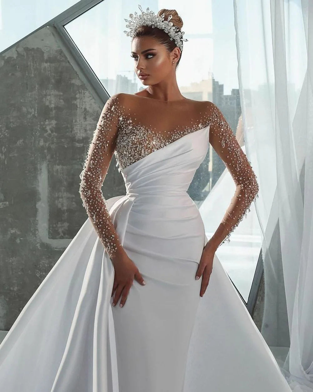 Sexy Illusion Neck Mermaid Wedding Dress Long Sleeves Shiny Beading/ESTIMATED DELIVERY TIME 40 DAYS