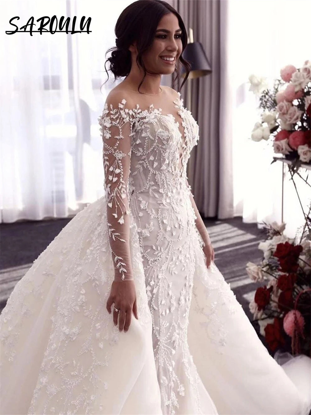 Illusion Long Sleeve Wedding Dress Mermaid Detachable Train/ESTIMATED DELIVERY TIME 30 DAYS