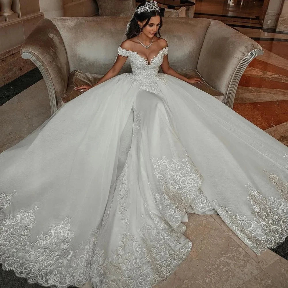 Elegant Beaded Lace Wedding Dress Mermaid Detachable Train Off Shoulder/ESTIMATED DELIVERY TIME 30 DAYS