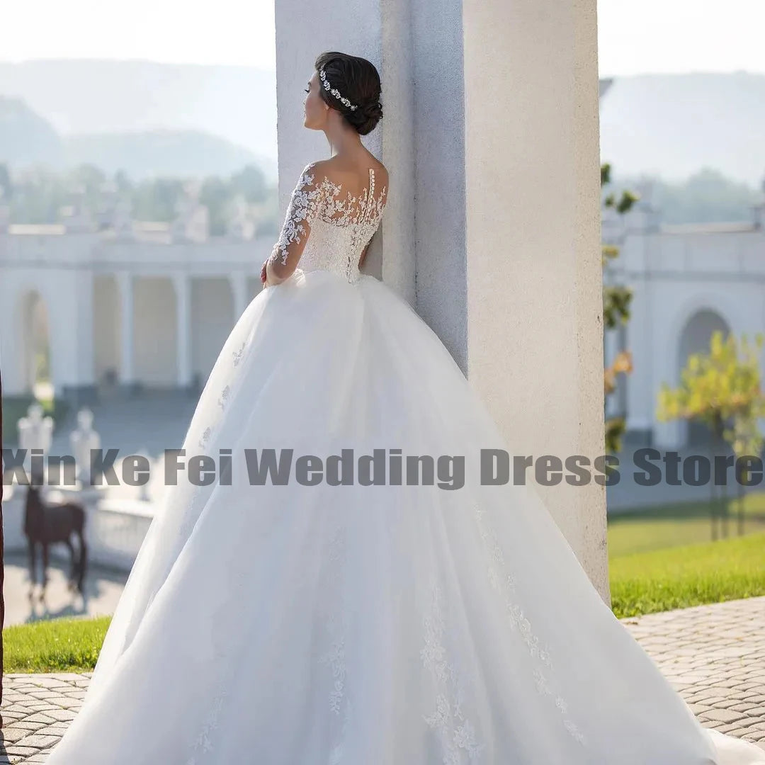 Elegant Fluffy Wedding Dress Round Neck Long Sleeves/ESTIMATED DELIVERY TIME 28 DAYS