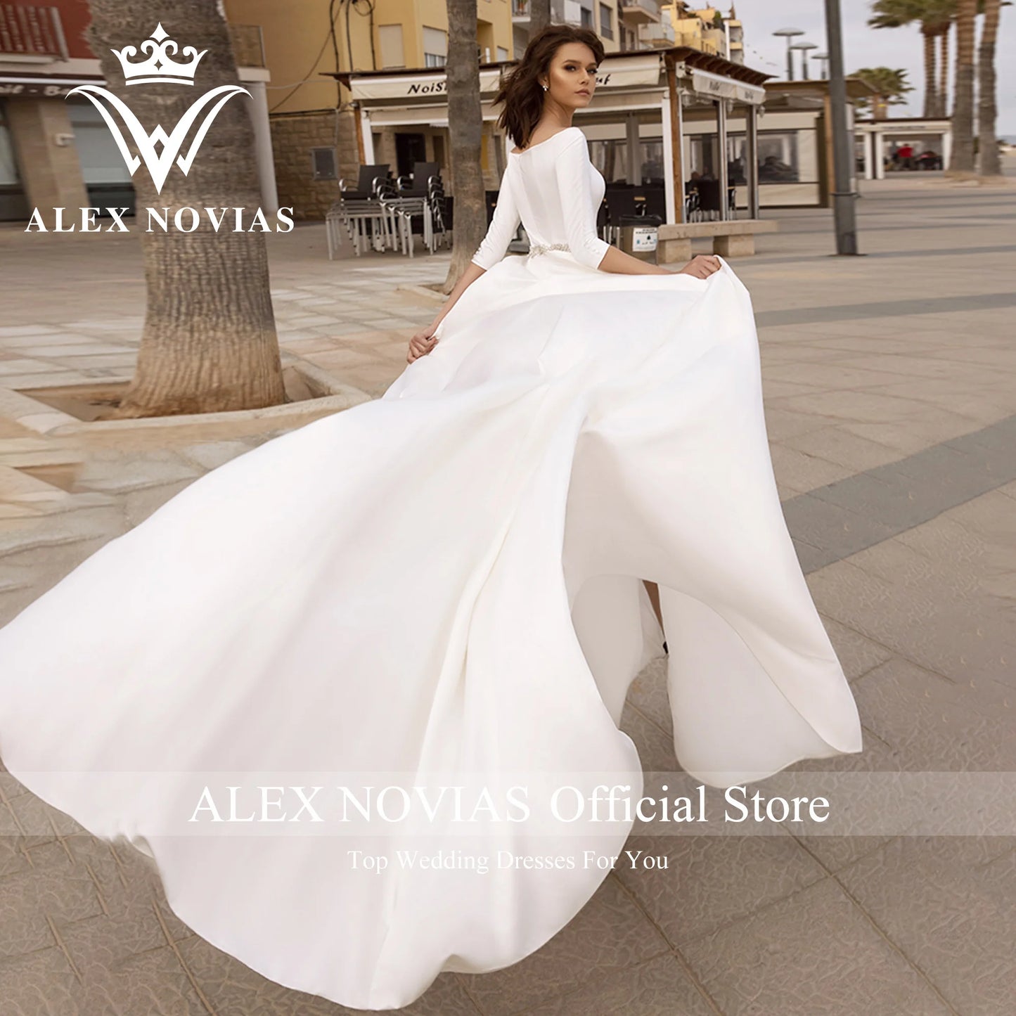 ALEX NOVIAS Half Sleeve Satin Wedding Dress Glamorous Scoop Belt/ESTIMATED DELIVERY TIME 40 DAYS