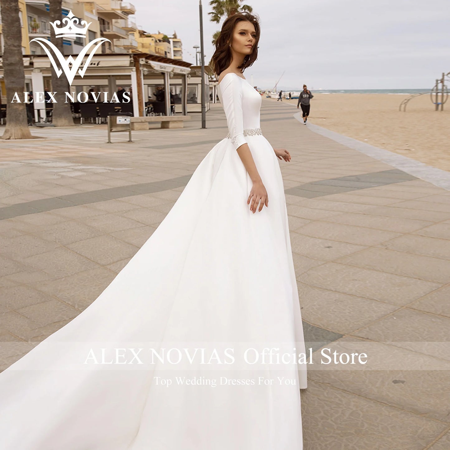 ALEX NOVIAS Half Sleeve Satin Wedding Dress Glamorous Scoop Belt/ESTIMATED DELIVERY TIME 40 DAYS