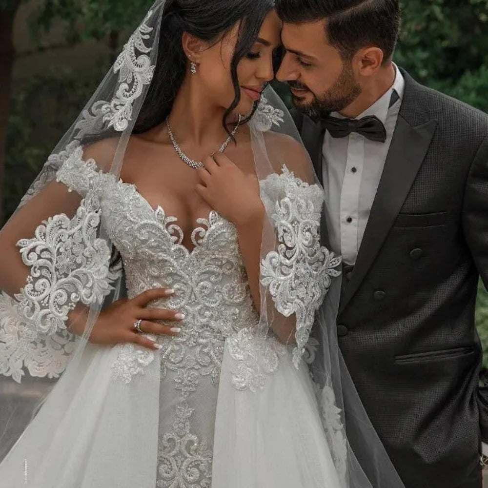 Elegant Beaded Lace Wedding Dress Mermaid Detachable Train Off Shoulder/ESTIMATED DELIVERY TIME 30 DAYS