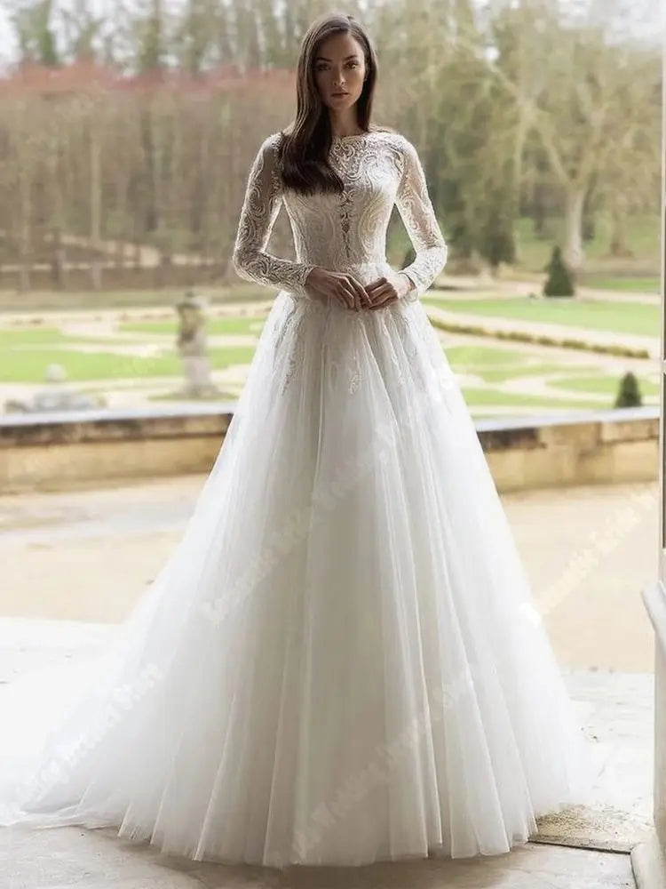 Elegant A-Line Women Wedding Dress Bright Tulle Long Sleeves Princess/ESTIMATED DELIVERY TIME 30 DAYS