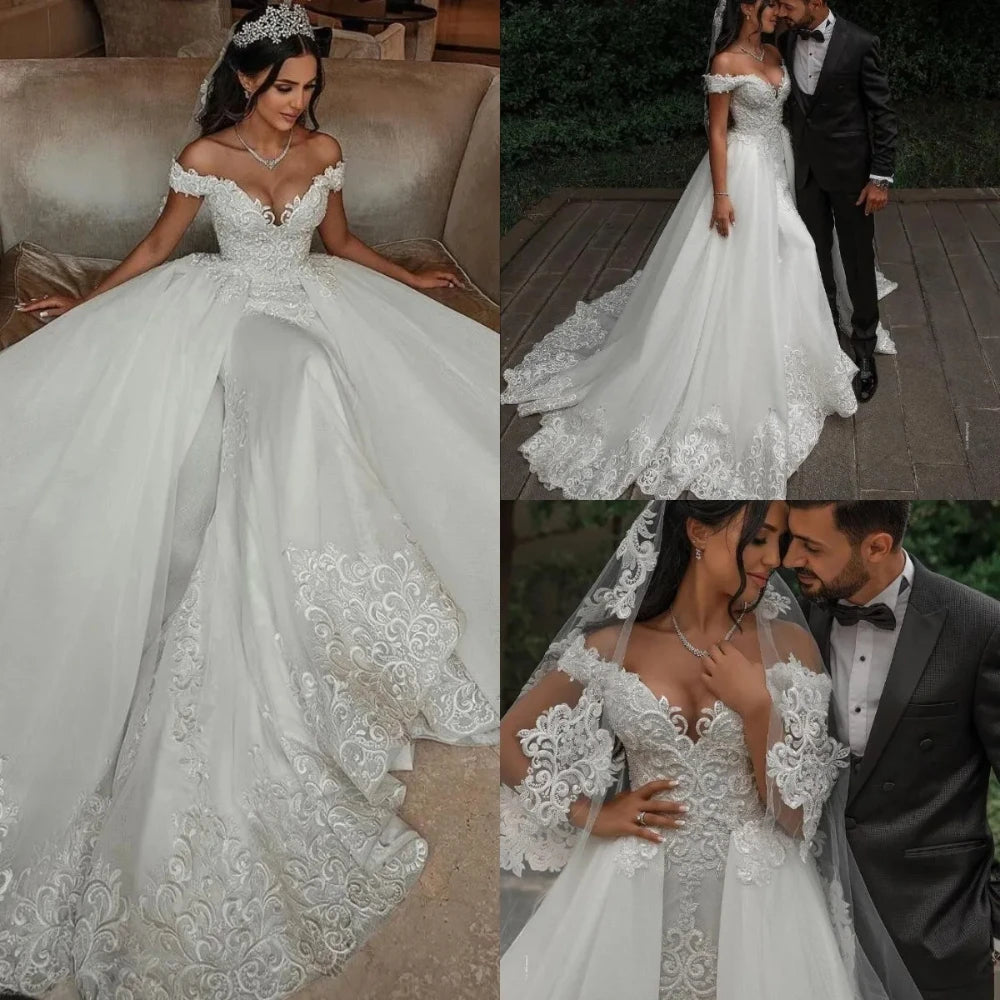 Elegant Beaded Lace Wedding Dress Mermaid Detachable Train Off Shoulder/ESTIMATED DELIVERY TIME 30 DAYS