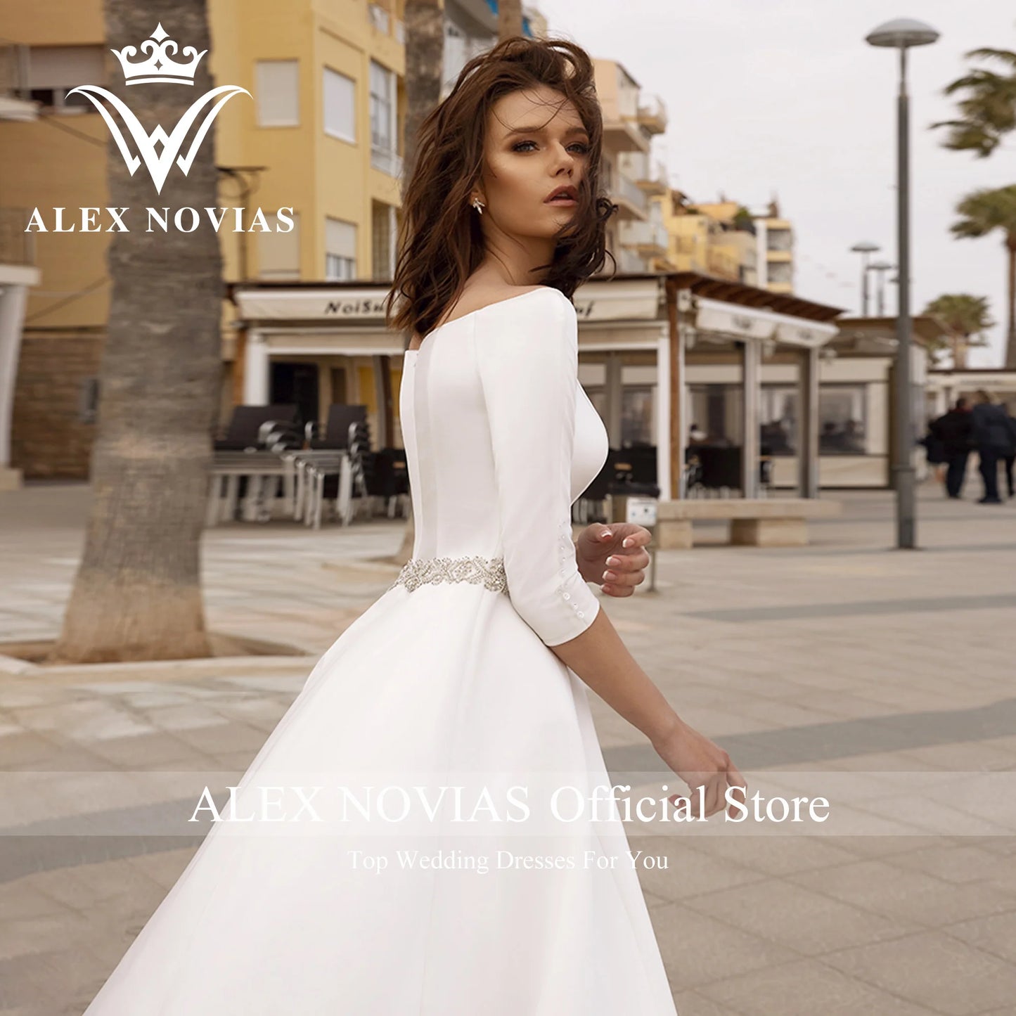 ALEX NOVIAS Half Sleeve Satin Wedding Dress Glamorous Scoop Belt/ESTIMATED DELIVERY TIME 40 DAYS