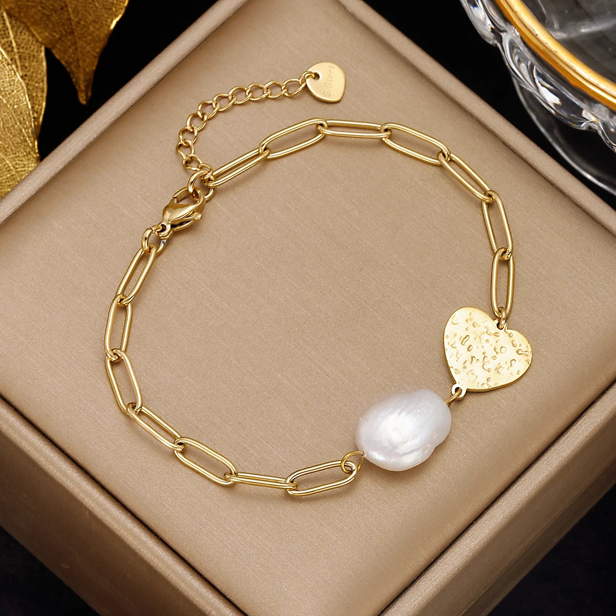 Stainless Steel Multilayer Pearl Heart Charm Bracelet Fashion Gold Color