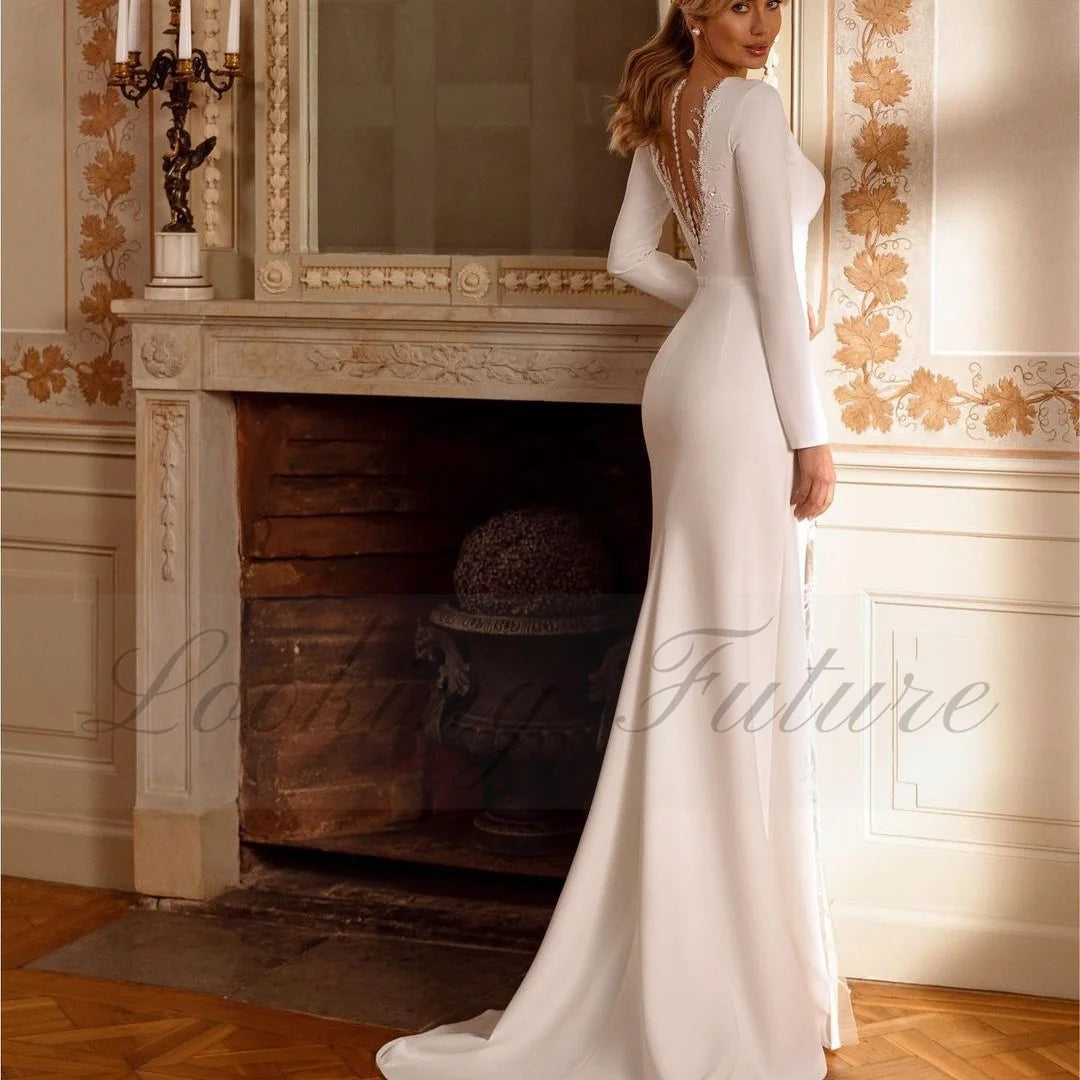 Morden Lace Beading Satin Full Sleeve Wedding Long Dress/ESTIMATED DELIVERY TIME 32 DAYS